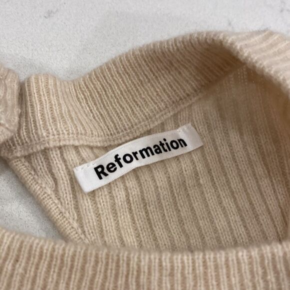 Reformation Alida Open Back Cashmere Sweater Cream Ivory Ribbed Puff Sleeve - Picture 9 of 9